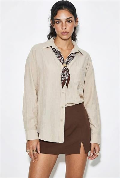 Kadın Tek Cep Detaylı Fular Aksesuarlı Salaş Krinkıl Gömlek 586 60286049 - Bej
