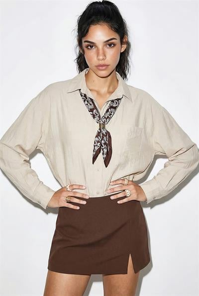 Kadın Tek Cep Detaylı Fular Aksesuarlı Salaş Krinkıl Gömlek 586 60286049 - Bej