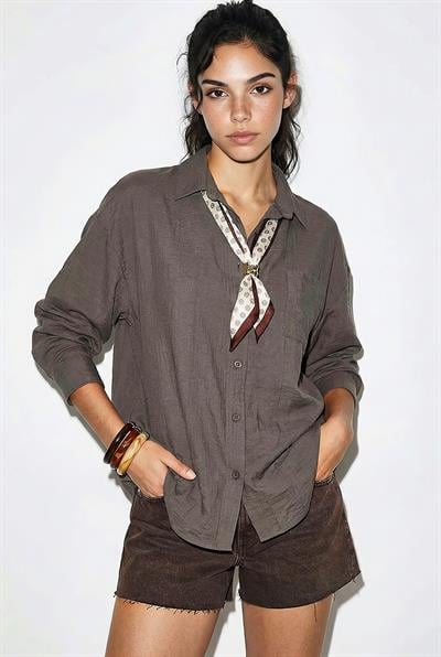 Kadın Tek Cep Detaylı Fular Aksesuarlı Salaş Krinkıl Gömlek 586 60286049 - Vizon