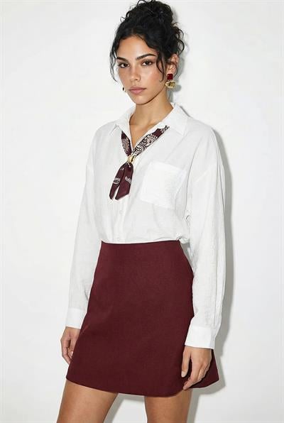 Kadın Tek Cep Detaylı Fular Aksesuarlı Salaş Krinkıl Gömlek 586 60286049 - Beyaz