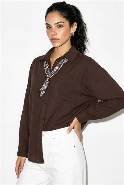Kadın Tek Cep Detaylı Fular Aksesuarlı Salaş Krinkıl Gömlek 586 60286049 - Kahverengi