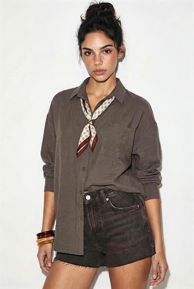 Kadın Tek Cep Detaylı Fular Aksesuarlı Salaş Krinkıl Gömlek 586 60286049 - Vizon