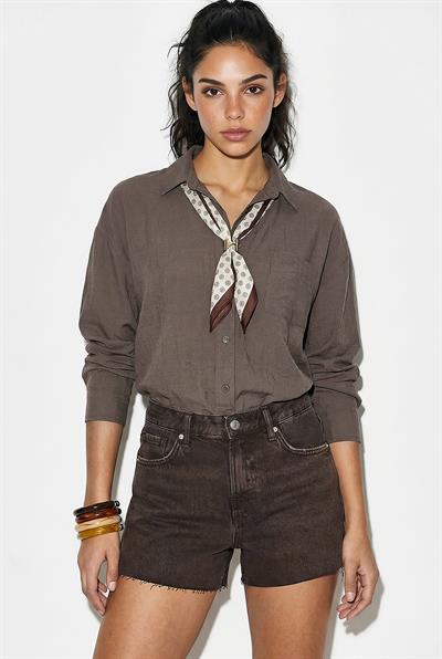 Kadın Tek Cep Detaylı Fular Aksesuarlı Salaş Krinkıl Gömlek 586 60286049 - Vizon