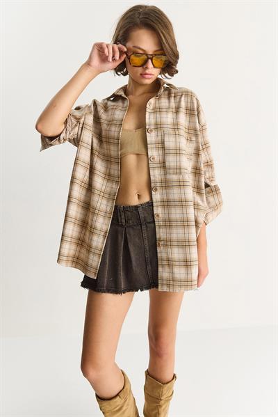 Kadın Tek Cep Detaylı Oversize Ekose Gömlek 513 60283572 - Bej