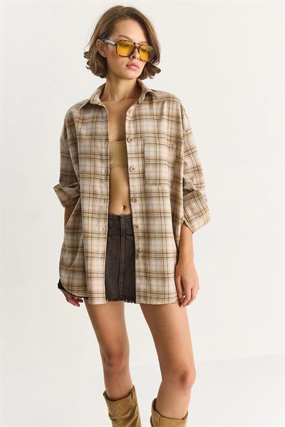 Kadın Tek Cep Detaylı Oversize Ekose Gömlek 513 60283572 - Bej