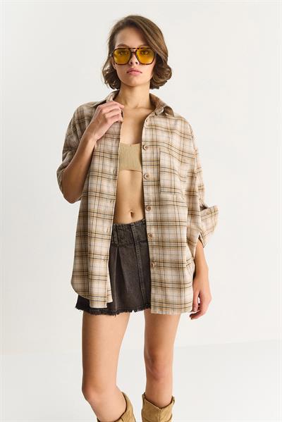 Kadın Tek Cep Detaylı Oversize Ekose Gömlek 513 60283572 - Bej