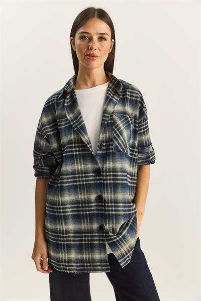 Kadın Tek Cep Detaylı Oversize Ekose Gömlek 513 60283572 - Lacivert-Yeşil