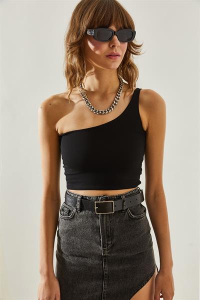 Kadın Tek Omuz Askılı Crop Atlet 60251255 - Siyah