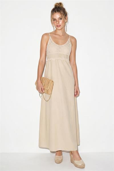 Kadın Tığ İşi Görünümlü Detaylı Askılı Elbise 60382614 - Bej