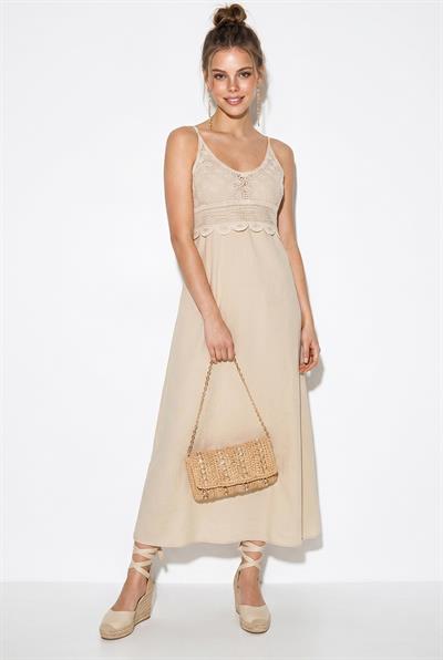 Kadın Tığ İşi Görünümlü Detaylı Askılı Elbise 60382614 - Bej