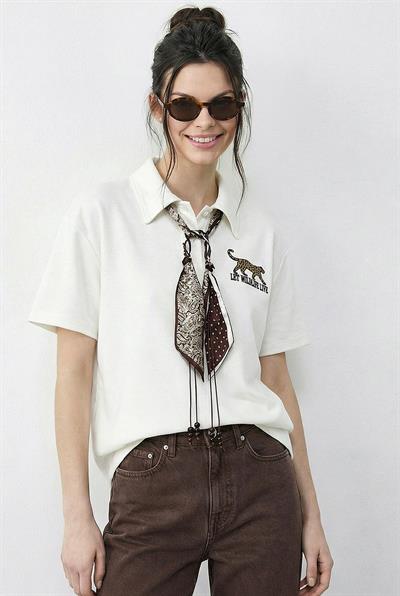 Kadın Tiger Nakışkı Fular Detaylı Polo Yaka T-Shirt 3501 60283973 - Beyaz