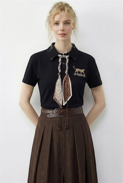 Kadın Tiger Nakışkı Fular Detaylı Polo Yaka T-Shirt 3501 60283973 - Siyah
