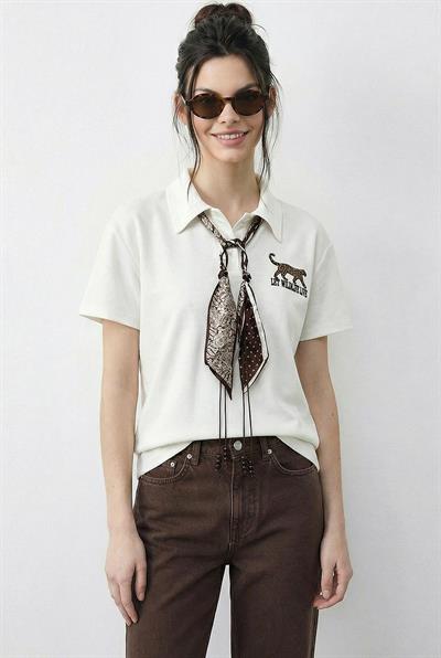 Kadın Tiger Nakışkı Fular Detaylı Polo Yaka T-Shirt 3501 60283973 - Beyaz