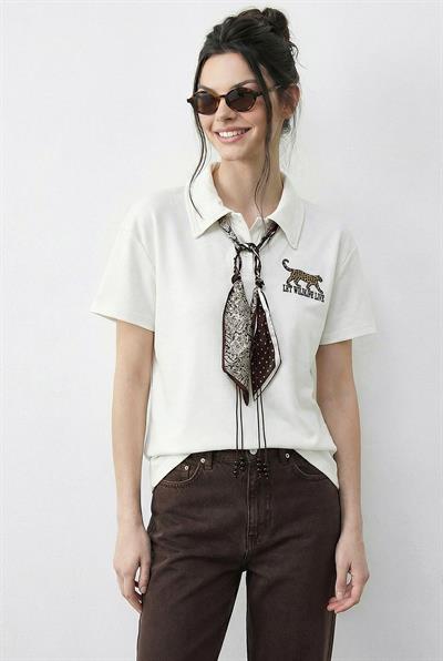 Kadın Tiger Nakışkı Fular Detaylı Polo Yaka T-Shirt 3501 60283973 - Beyaz