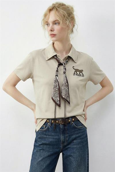 Kadın Tiger Nakışkı Fular Detaylı Polo Yaka T-Shirt 3501 60283973 - Bej