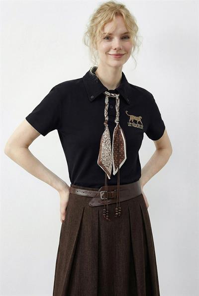 Kadın Tiger Nakışkı Fular Detaylı Polo Yaka T-Shirt 3501 60283973 - Siyah