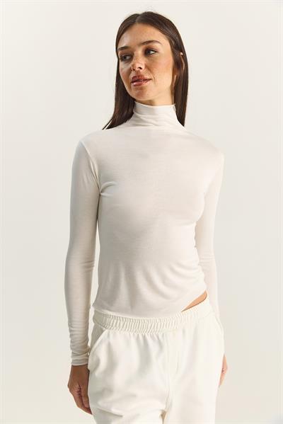 Kadın Transparan Dik Yaka Esnek Normal Boy Örme Bluz 6090 60283890 - Beyaz