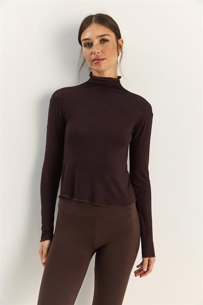 Kadın Transparan Dik Yaka Esnek Normal Boy Örme Bluz 6090 60283890 - Acı Kahve