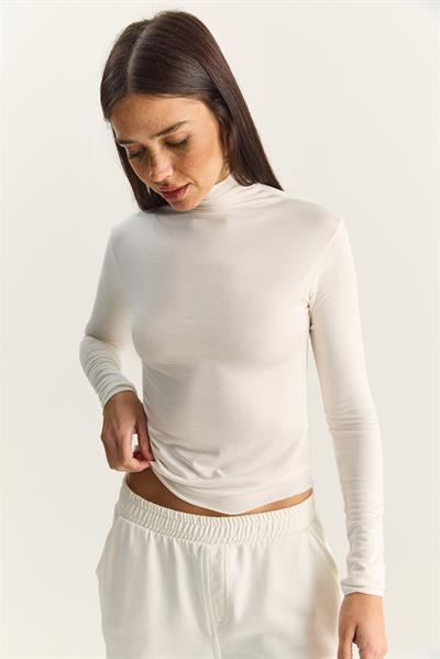 Kadın Transparan Dik Yaka Esnek Normal Boy Örme Bluz 6090 60283890 - Beyaz