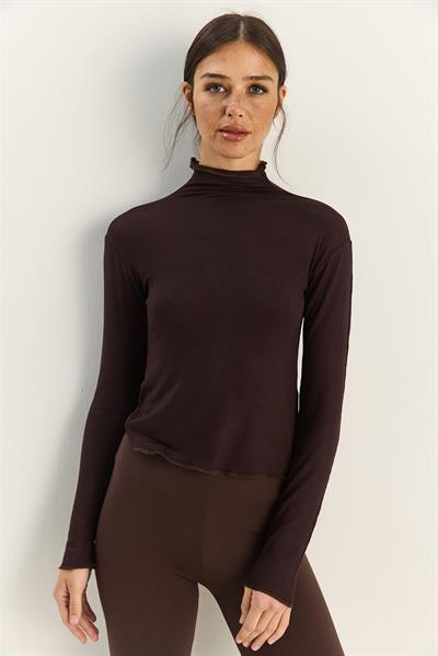 Kadın Transparan Dik Yaka Esnek Normal Boy Örme Bluz 6090 60283890 - Acı Kahve