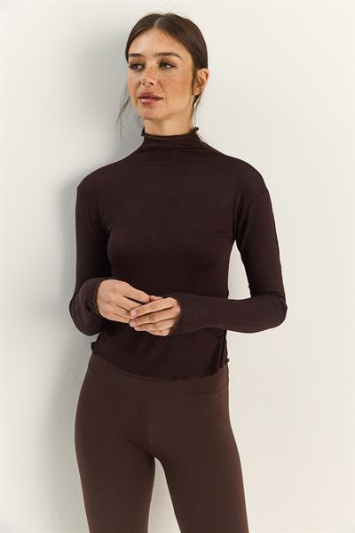 Kadın Transparan Dik Yaka Esnek Normal Boy Örme Bluz 6090 60283890 - Acı Kahve