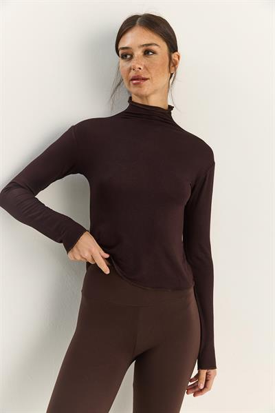 Kadın Transparan Dik Yaka Esnek Normal Boy Örme Bluz 6090 60283890 - Acı Kahve