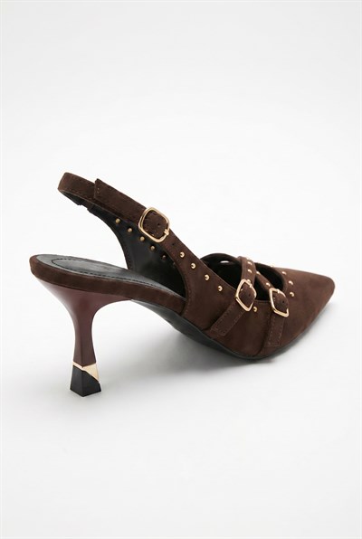 Kadın Troklu Çapraz Bant Detaylı Sivri Burun Topuklu Slingback Ayakkabı 50021011 - Acı Kahve