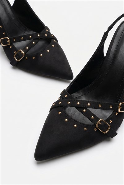 Kadın Troklu Çapraz Bant Detaylı Sivri Burun Topuklu Slingback Ayakkabı 50021011 - Siyah
