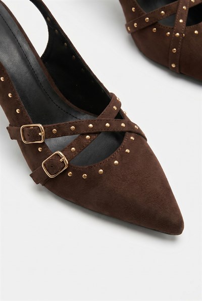 Kadın Troklu Çapraz Bant Detaylı Sivri Burun Topuklu Slingback Ayakkabı 50021011 - Acı Kahve