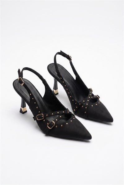 Kadın Troklu Çapraz Bant Detaylı Sivri Burun Topuklu Slingback Ayakkabı 50021011 - Siyah