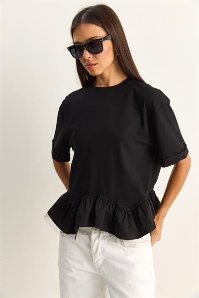 Kadın Tül Detaylı Volanlı Oversize Basic T-Shirt 8789 60286165 - Siyah
