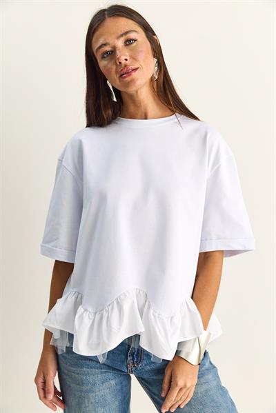 Kadın Tül Detaylı Volanlı Oversize Basic T-Shirt 8789 60286165 - Beyaz