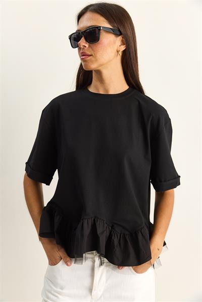Kadın Tül Detaylı Volanlı Oversize Basic T-Shirt 8789 60286165 - Siyah