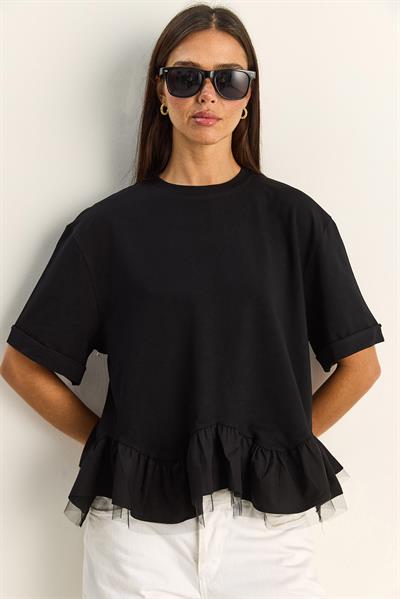 Kadın Tül Detaylı Volanlı Oversize Basic T-Shirt 8789 60286165 - Siyah