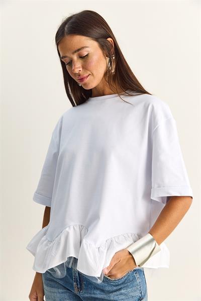 Kadın Tül Detaylı Volanlı Oversize Basic T-Shirt 8789 60286165 - Beyaz