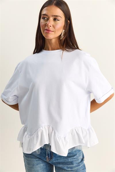 Kadın Tül Detaylı Volanlı Oversize Basic T-Shirt 8789 60286165 - Beyaz