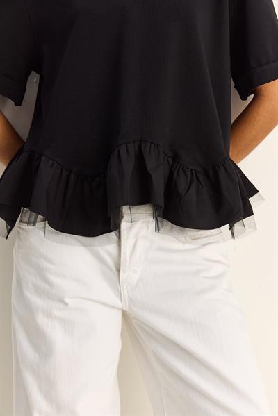 Kadın Tül Detaylı Volanlı Oversize Basic T-Shirt 8789 60286165 - Siyah