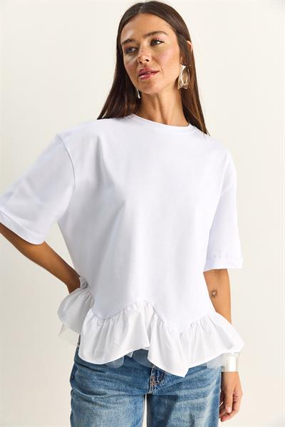 Kadın Tül Detaylı Volanlı Oversize Basic T-Shirt 8789 60286165 - Beyaz