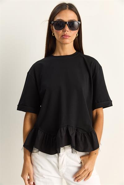 Kadın Tül Detaylı Volanlı Oversize Basic T-Shirt 8789 60286165 - Siyah