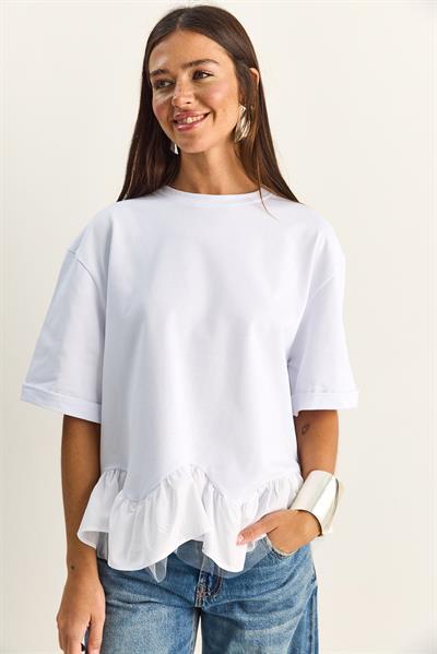 Kadın Tül Detaylı Volanlı Oversize Basic T-Shirt 8789 60286165 - Beyaz