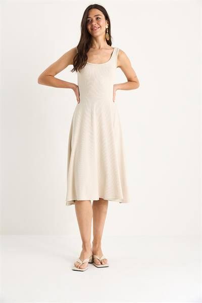 Kadın U Yaka Askılı Fitilli Kloş Elbise 477 60283393 - Bej