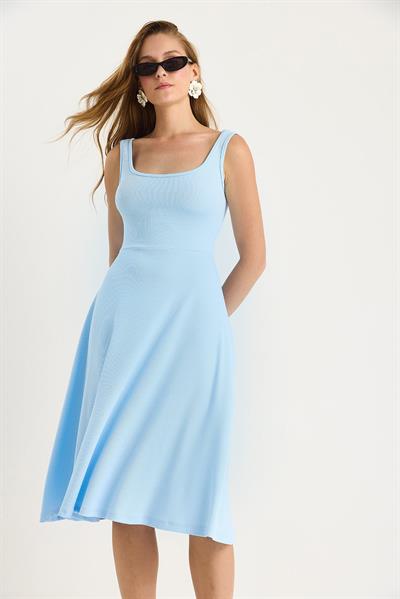 Kadın U Yaka Askılı Fitilli Kloş Elbise 477 60283393 - Bebe Mavisi