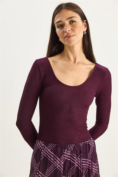 Kadın U Yaka Likralı Basic Bluz 4102 60283783 - Mürdüm