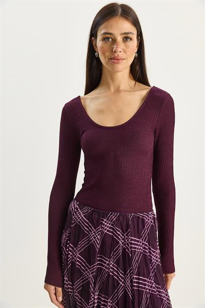 Kadın U Yaka Likralı Basic Bluz 4102 60283783 - Mürdüm