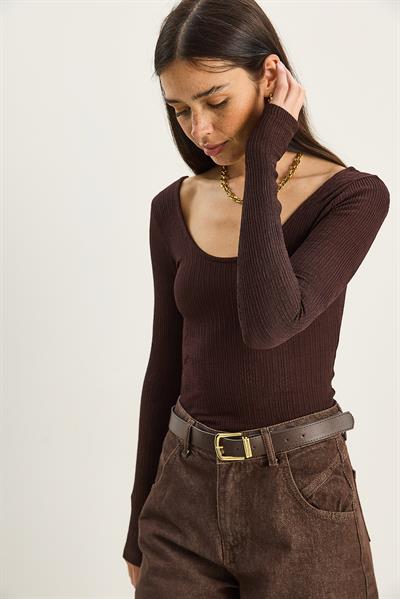 Kadın U Yaka Likralı Basic Bluz 4102 60283783 - Acı Kahve