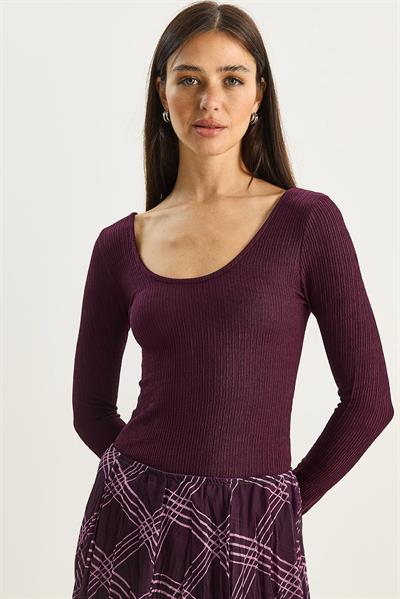 Kadın U Yaka Likralı Basic Bluz 4102 60283783 - Mürdüm