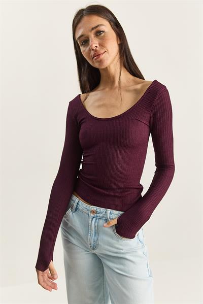 Kadın U Yaka Likralı Basic Bluz 4102 60283783 - Mürdüm