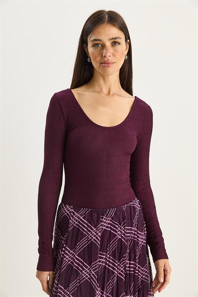 Kadın U Yaka Likralı Basic Bluz 4102 60283783 - Mürdüm