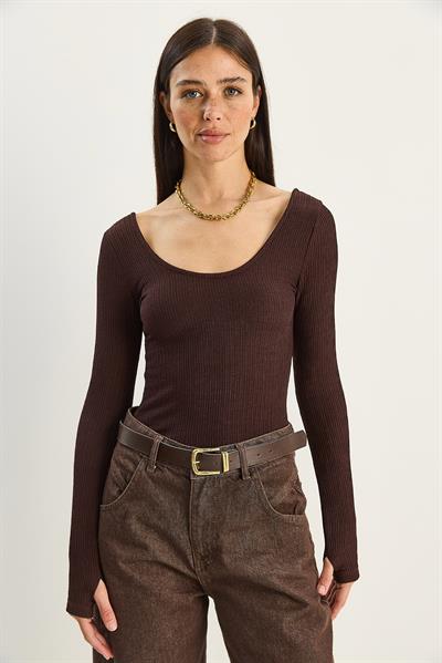 Kadın U Yaka Likralı Basic Bluz 4102 60283783 - Acı Kahve