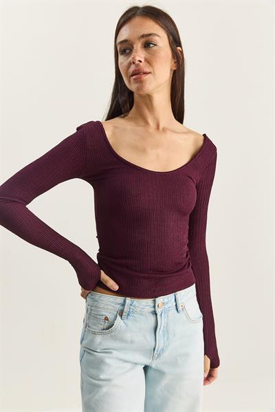 Kadın U Yaka Likralı Basic Bluz 4102 60283783 - Mürdüm